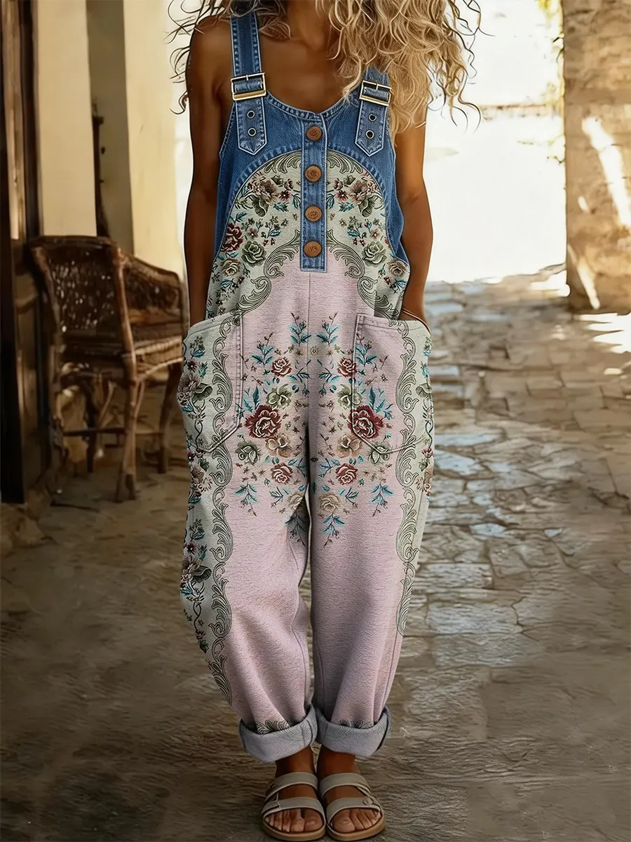 Ethnicity Flowers Totem Women's Casual Washed Cotton Denim Patchwork Jumpsuit